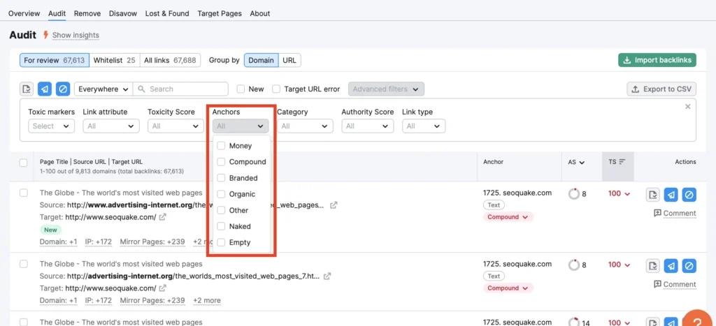 Check Anchor Text using semrush