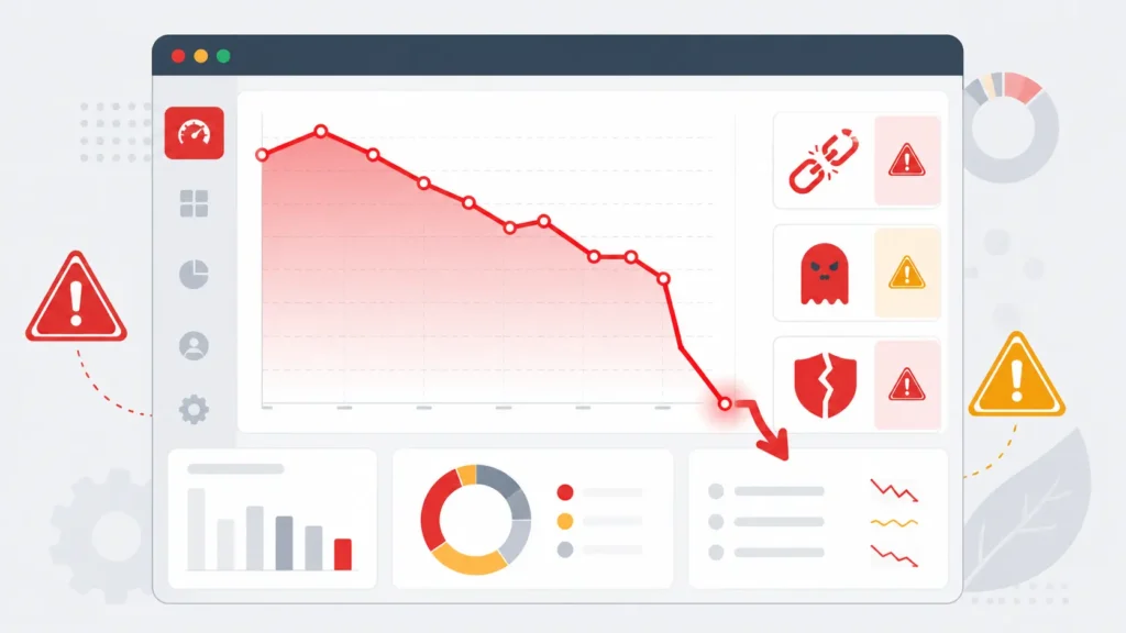 Warning signs of a negative SEO attack including sudden 
ranking drops, toxic backlinks and fake reviews